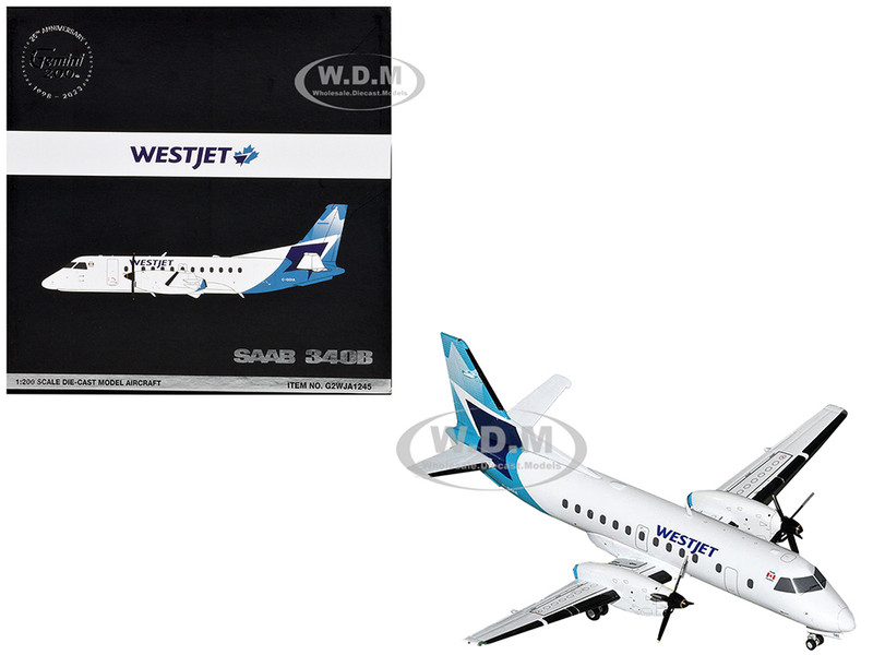 Saab 340B Commercial Aircraft WestJet C GOIA White with Blue Stripes and Tail Gemini 200 Series 1/200 Diecast Model Airplane GeminiJets G2WJA1245