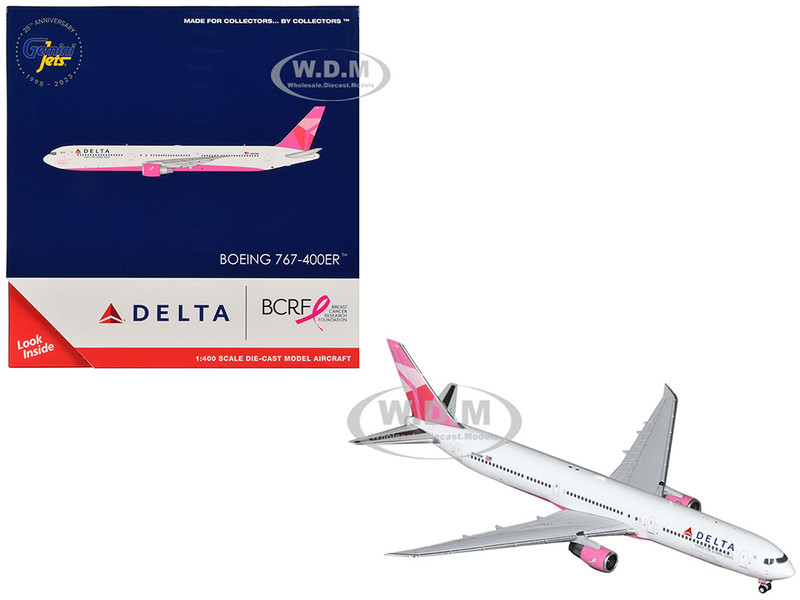 Boeing 767 400ER Commercial Aircraft Delta Air Lines Breast Cancer Research Foundation N845MH White with Pink Tail 1/400 Diecast Model Airplane GeminiJets GJ2157