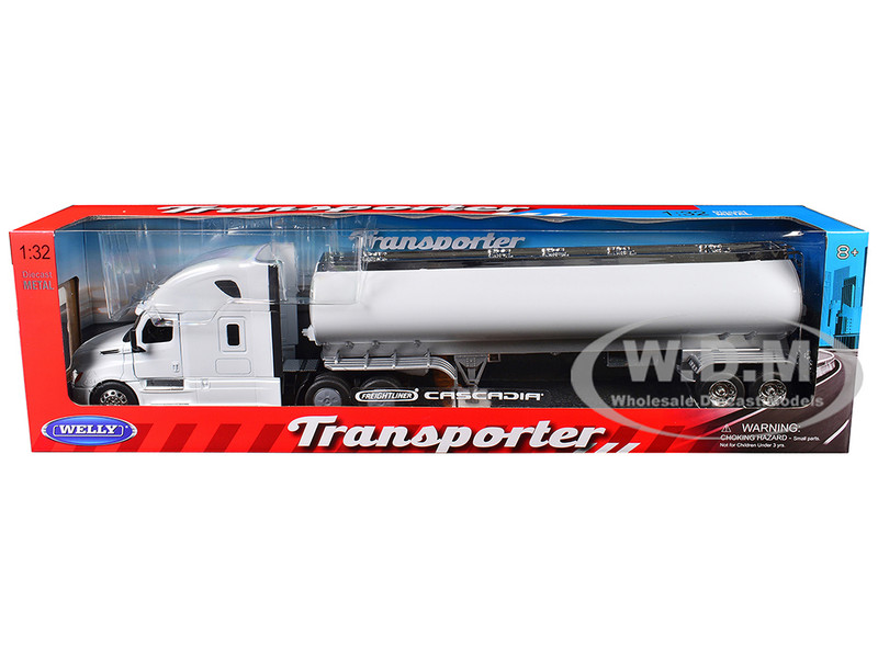 Freightliner Cascadia Truck White with White Tanker Trailer Transporter Series 1/32 Diecast Model Welly 32697W-WHW