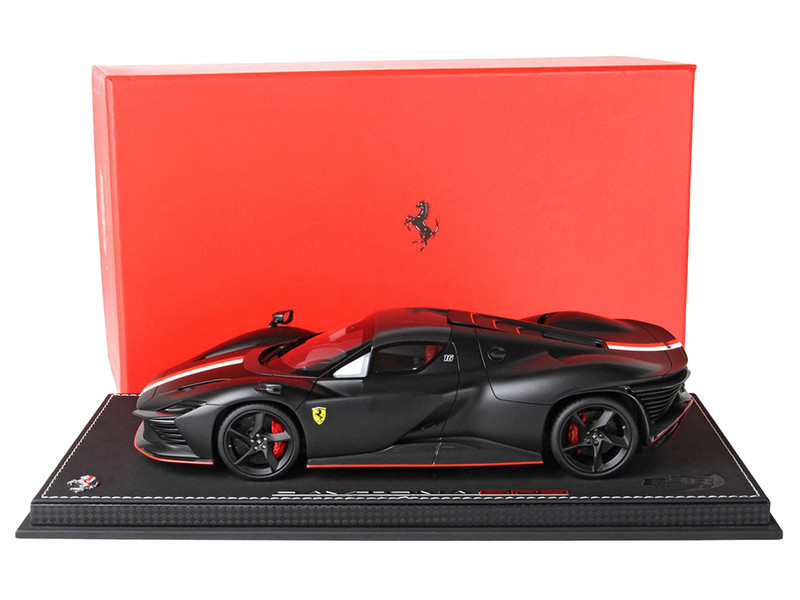 Ferrari SP3 Daytona Icona Series Matt Black with Red and White Stripes #16 Charles Leclerc with DISPLAY CASE Limited Edition to 146 pieces Worldwide 1/18 Model Car BBR P18224CL