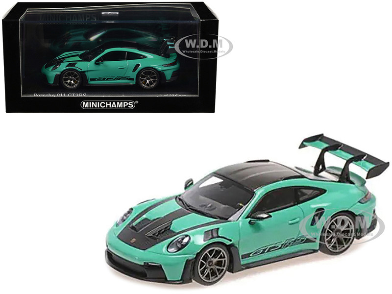 2023 Porsche 911 992 GT3 RS Weissach Package Mint Green with Carbon Stripes and Top Limited Edition to 336 pieces Worldwide 1/43 Diecast Model Car Minichamps 410062109