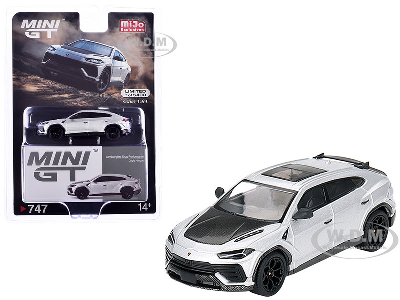 Lamborghini Urus Performante Grigio Nimbus Gray Metallic with Carbon Hood Limited Edition to 5400 pieces Worldwide 1/64 Diecast Model Car Mini GT MGT00747