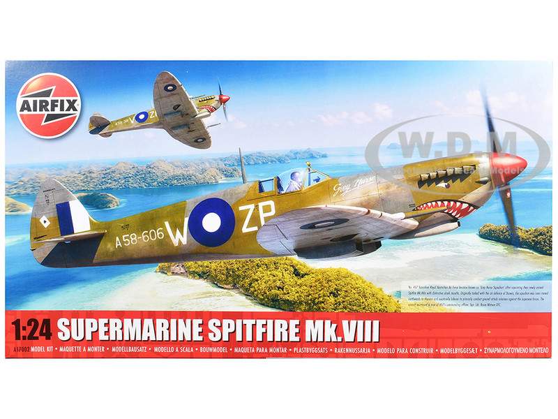 Level 4 Model Kit Supermarine Spitfire Mk VIII Fighter Aircraft with 3 Scheme Options 1/24 Plastic Model Kit Airfix A17002
