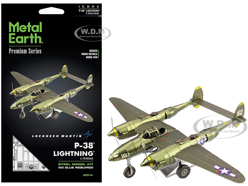 Model Kit Lockheed Martin P 38 Lightning Fighter Aircraft #162 United States Army Air Forces Challenging Difficulty Model Metal Earth ICX143