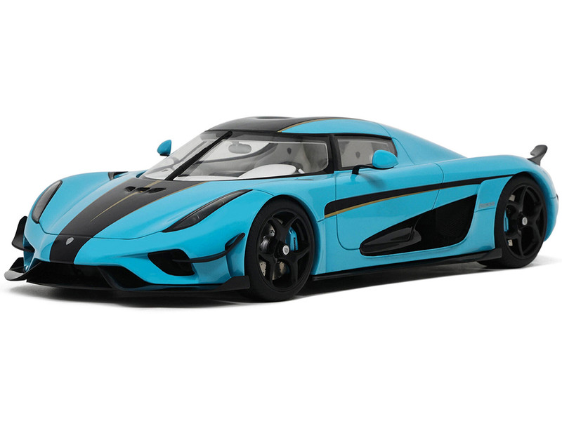 2018 Koenigsegg Regera Baby Blue with Black Stripes and White Interior 1/18 Model Car GT Spirit GT881