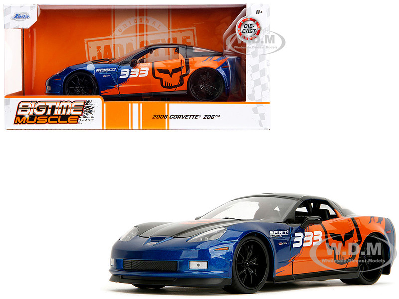 2006 Chevrolet Corvette Z06 #333 Spirit Racing Blue Metallic and Orange with Black Hood and Top Bigtime Muscle Series 1/24 Diecast Model Car Jada 35213