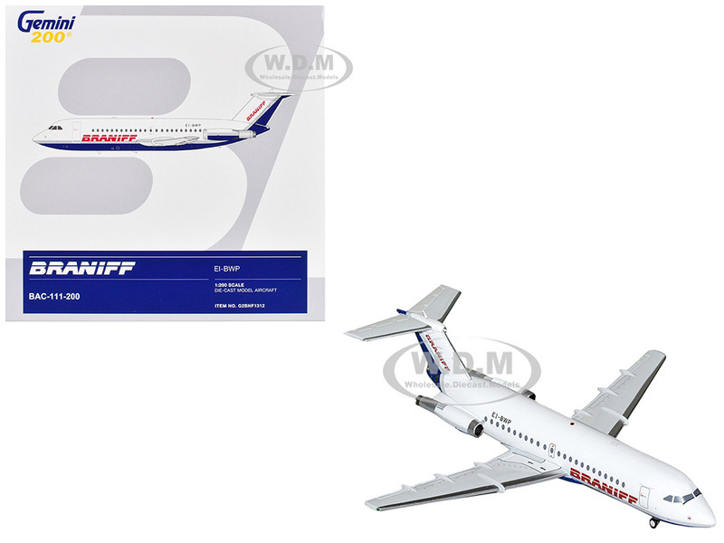 BAC 111 200 Commercial Aircraft Braniff International Airways EI BWP White with Blue Tail Gemini 200 Series 1/200 Diecast Model Airplane GeminiJets G2BNF1312