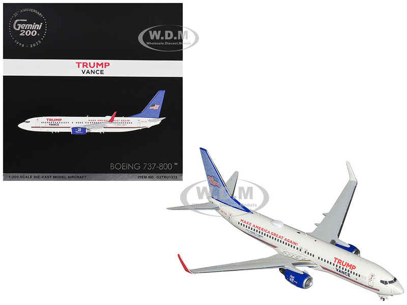 Boeing 737 800 Commercial Aircraft Trump Vance Campaign N917XA White with Blue Tail Gemini 200 Series 1/200 Diecast Model Airplane GeminiJets G2TRU1372