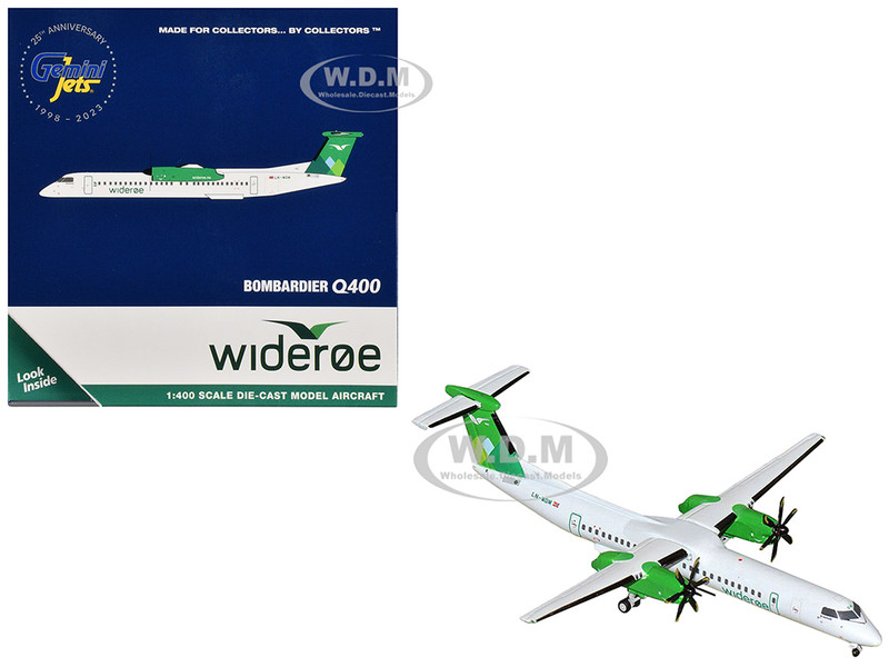 Bombardier Q400 Commercial Aircraft Wideroe LN WDM White with Green Tail 1/400 Diecast Model Airplane GeminiJets GJ2290