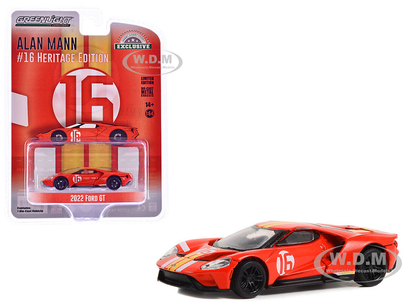 2022 Ford GT Heritage Edition #16 Alan Mann 1966 Ford AM GT 1 Prototype Tribute Red with Stripes Hobby Exclusive Series 1/64 Diecast Model Car Greenlight 30395