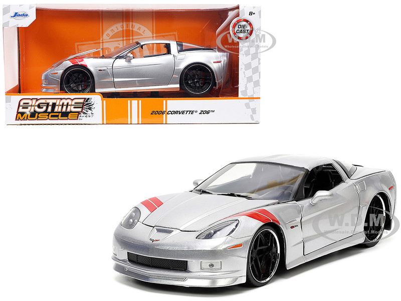 2006 Chevrolet Corvette Z06 Silver Metallic with Red Stripes Bigtime Muscle Series 1/24 Diecast Model Car Jada 33053