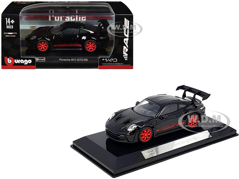 Porsche 911 GT3 RS Black with Red Stripes and Wheels Race Series 1/43 Diecast Model Car Bburago BB38313