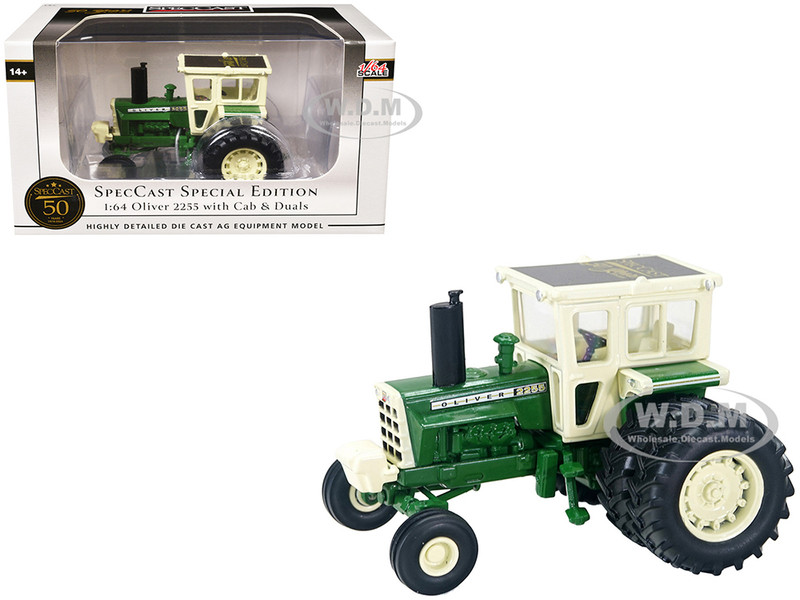 Oliver 2255 Tractor with Cab and Dual Wheels Green and White SpecCast 50th Anniversary 1/64 Diecast Model SpecCast CUST2117