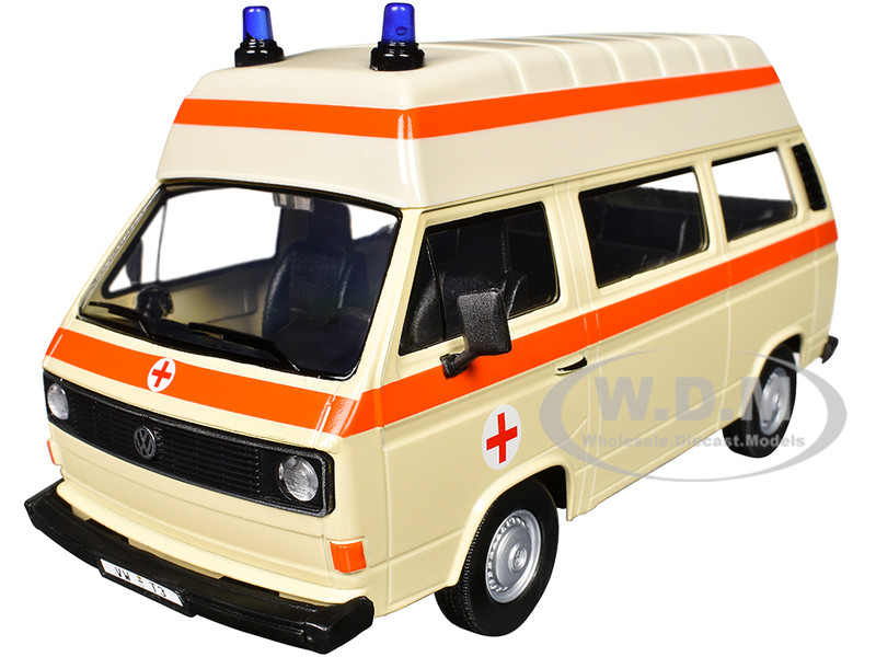Volkswagen Type 2 T3 High Roof Ambulance Cream with Orange Stripes 1/24 Diecast Model Car Motormax 79595