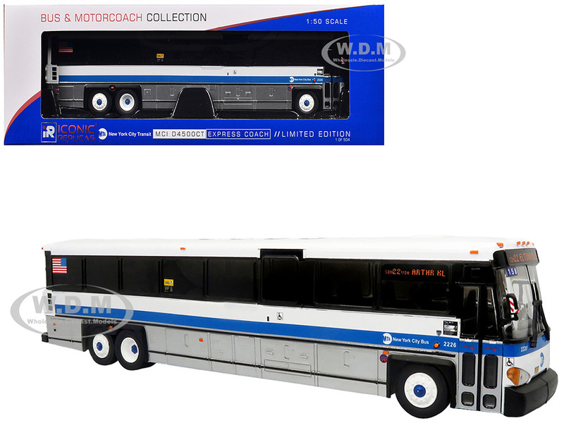 MCI D4500CT Express Coach Bus MTA New York City Transit White Blue Stripes The Bus & Motorcoach Collection Limited Edition 504 pieces Worldwide 1/50 Plastic Model Iconic Replicas 50-0538