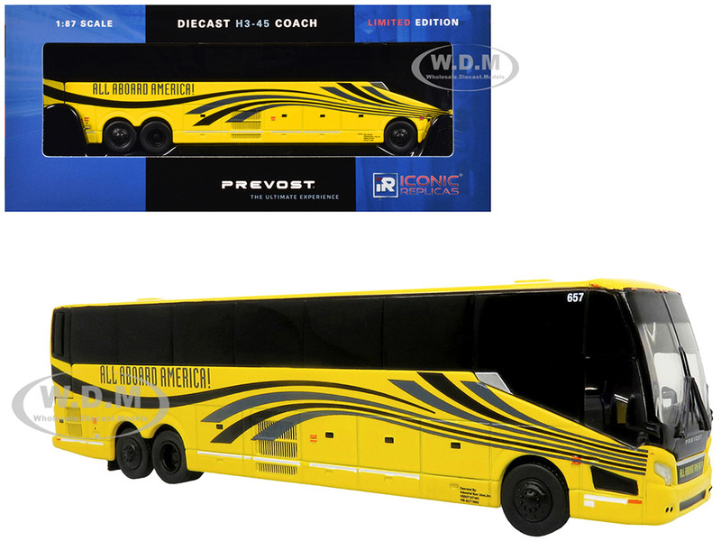 Prevost H3-45 Coach Bus All Aboard America Yellow Graphics Limited Edition 1/87 HO Diecast Model Iconic Replicas 87-0420
