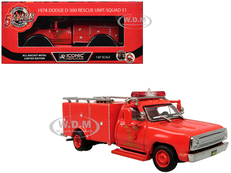 1974 Dodge D-300 Rescue Unit Los Angeles County Fire Department Squad 51 Red 5 Alarm Series Limited Edition 1/87 HO Diecast Model Iconic Replicas 87-0537