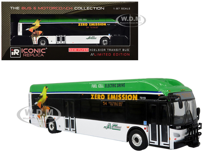 New Flyer Xcelsior XHE40 Transit Bus AC Transit Zero Emission White and Green with Graphics The Bus & Motorcoach Collection Limited Edition 1/87 (HO) Diecast Model by Iconic Replicas 87-0535