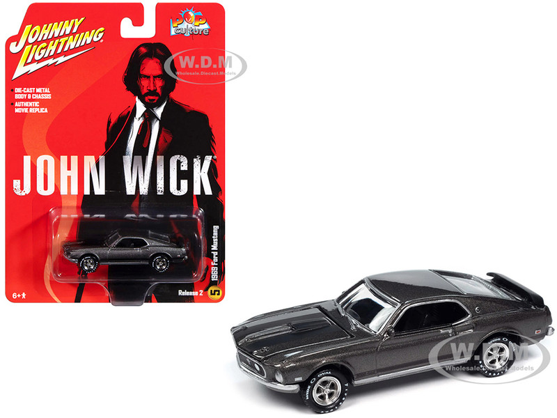 1969 Ford Mustang Mach I Gray Metallic with Black Stripes John Wick 2014 Movie Pop Culture 2024 Release 2 1/64 Diecast Model Car Johnny Lightning JLPC015-JLSP397