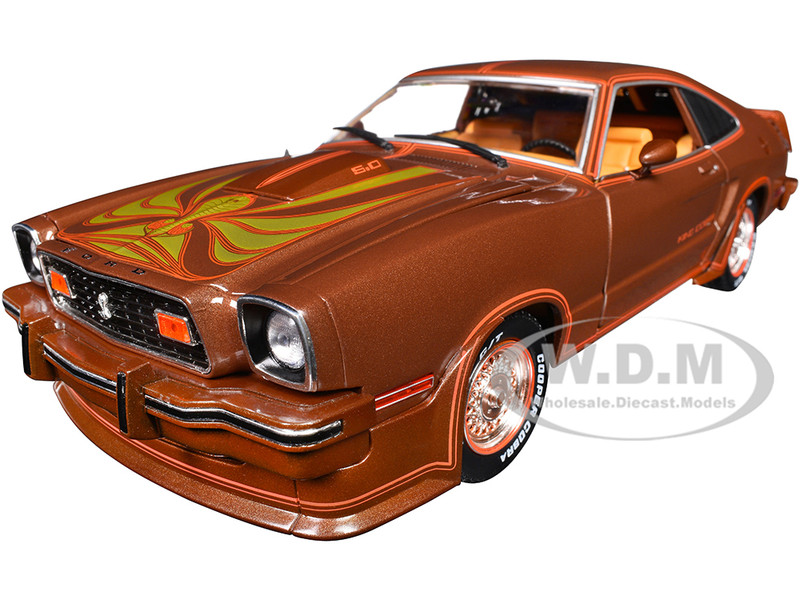 1978 Ford Mustang II King Cobra Dark Brown Metallic with Orange and Gold Hood Stripes 1/18 Diecast Model Car Greenlight 13669