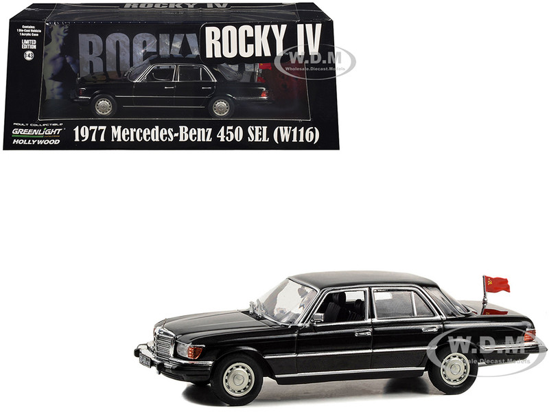 1977 Mercedes Benz 450 SEL W116 Black with Soviet Flag Rocky IV 1985 Movie 1/43 Diecast Model Car Greenlight 86640