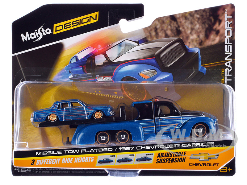 Missile Tow Flatbed Truck Blue Metallic and Black with Graphics and 1987 Chevrolet Caprice Lowrider Blue Metallic with Graphics Elite Transport Series 1/64 Diecast Models Maisto 15055-CAPRICE