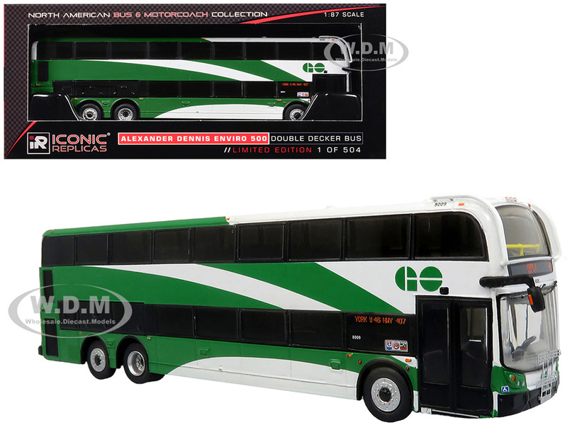 Alexander Dennis Enviro 500 Double Decker Bus GO Transit White and Green North American Bus & Motorcoach Collection Limited Edition to 504 pieces Worldwide 1/87 (HO) Diecast Model Iconic Replicas 87-0553