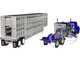 White Western Star 4900 with 36 Vintage Flat Top Sleeper and Wilson 45 Vintage Livestock Trailer Blue with Stripes 1/64 Diecast Model DCP/First Gear 60-1944