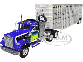 White Western Star 4900 with 36 Vintage Flat Top Sleeper and Wilson 45 Vintage Livestock Trailer Blue with Stripes 1/64 Diecast Model DCP/First Gear 60-1944