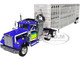 White Western Star 4900 with 36 Vintage Flat Top Sleeper and Wilson 45 Vintage Livestock Trailer Blue with Stripes 1/64 Diecast Model DCP/First Gear 60-1944