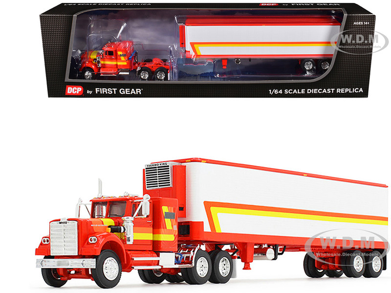 White Western Star 4900 with 36 Vintage Flat Top Sleeper and Wilson 40 Vintage Refridgerated Trailer Red and White with Stripes 1/64 Diecast Model DCP/First Gear 60-1945