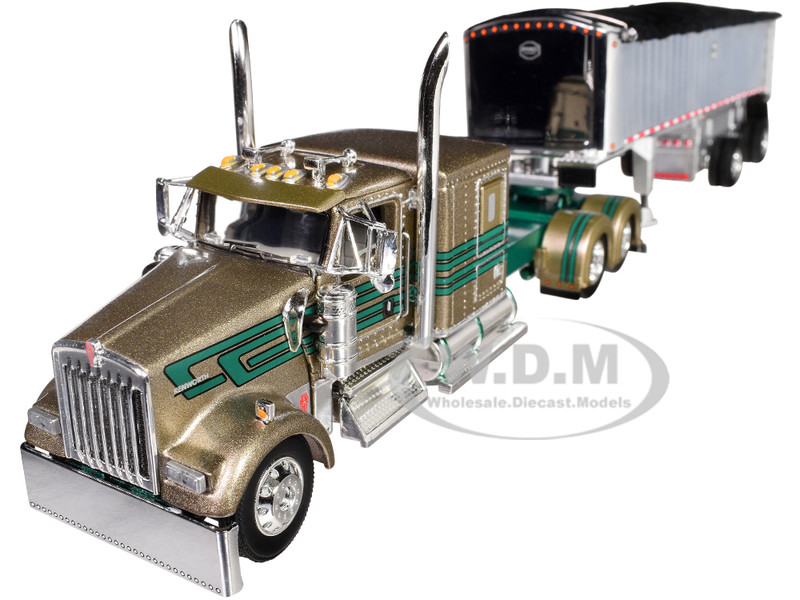 Kenworth W900L with 60 Flat Top Sleeper and MAC Coal End Dump Trailer D&D Hauling & Excavating Tan Metallic with Green Stripes 1/64 Diecast Model DCP/First Gear 60-1998