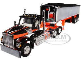 Kenworth W990 Day Cab and MAC Coal End Dump Trailer Black with Orange Graphics 1/64 Diecast Model DCP/First Gear 60-2008