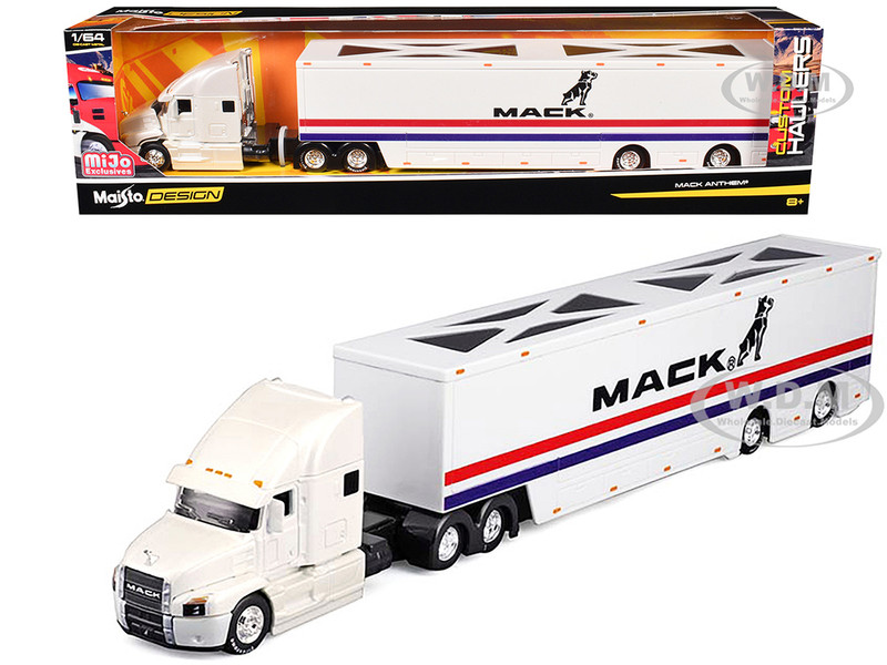 Mack Anthem Enclosed Car Transporter Mack White with Red and Blue Stripes Custom Haulers Series 1/64 Diecast Model Maisto 12418-MACK1