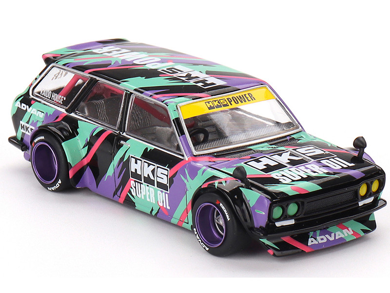 Datsun 510 Wagon RHD Right Hand Drive HKS V1 Black with Graphics Designed by Jun Imai) Kaido House Special 1/64 Diecast Model Car Mini GT KHMG144