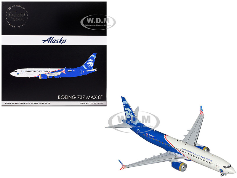 Boeing 737 MAX 8 Commercial Aircraft Alaska Airlines Honoring Those Who Serve N806AK White and Blue Gemini 200 Series 1/200 Diecast Model Airplane GeminiJets G2ASA1294