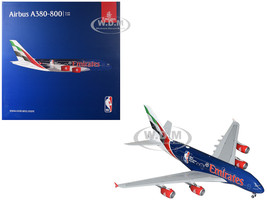 Airbus A380 800 Commercial Aircraft Emirates Airlines Official NBA Partner A6 EOD Blue with Tail Graphics Gemini 200 Series 1/200 Diecast Model Airplane GeminiJets G2UAE1346