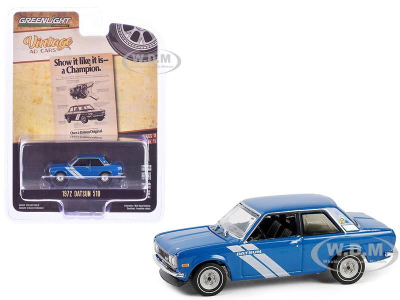 1972 Datsun 510 Blue Metallic with White Stripes Show it Like it is a Champion Vintage Ad Cars Series 11 1/64 Diecast Model Car Greenlight 39150C