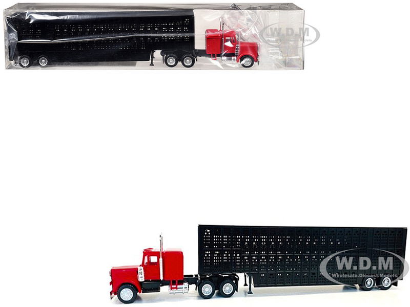 Peterbilt with Sleeper Cab Red with Black Livestock Trailer 1/87 (HO) Plastic Model Car Promotex 006347R