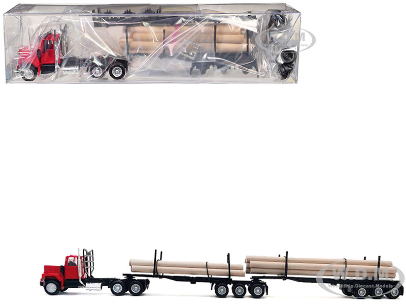 GMC Super B Log Truck and Trailer Red with Log Accessories 1/87 (HO) Plastic Model Car Promotex 006355R