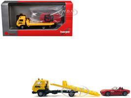 Flatbed Tow Truck ADAC Yellow and BMW Z4 Convertible Red Set of 2 pieces 1/87 (HO) Plastic Model Cars Promotex 006594Y