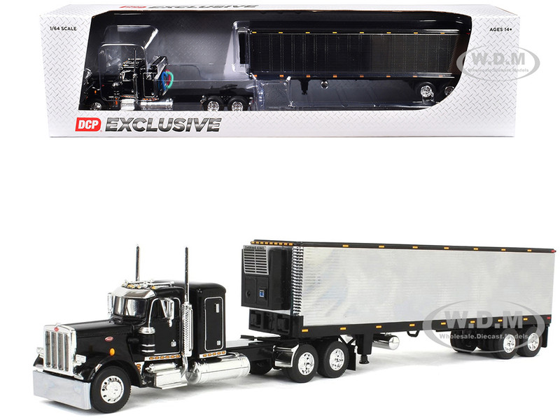 Peterbilt 359 with 36 Flat Top Sleeper and 40 Vintage Refrigerated Trailer Black with Chrome 1/64 Diecast Model DCP/First Gear 60-2043