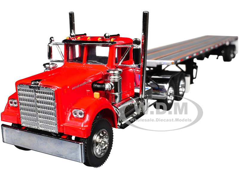 White Western Star 4900 Day Cab with 48 Utility Flatbed Trailer Viper Red 1/64 Diecast Model DCP/First Gear 60-2093