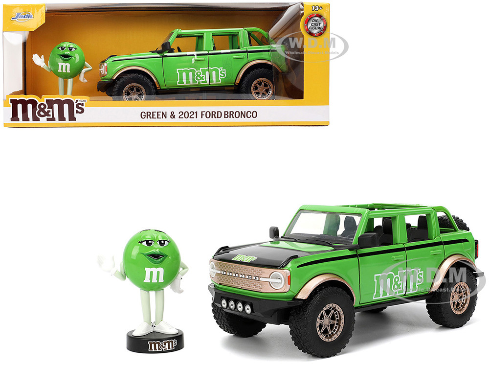 Figurine Ford Bronco 2021 Avec M&M's Vert - Échelle 1:24 - Modèle En Métal, Portes Et Capot Ouvrants - Jada Toys