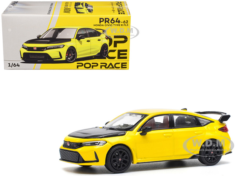 Honda Civic Type R FL5 Yellow with Carbon Hood 1/64 Diecast Model Car Pop Race PR640062