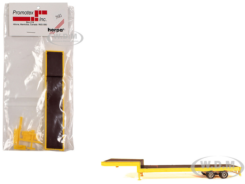 2 Axle Step Deck Equipment Trailer with Ramps Yellow 1/87 (HO) Plastic Model Promotex 005483Y