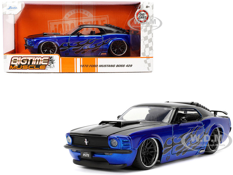 1970 Ford Mustang Boss 429 Black and Blue Metallic with Flames Bigtime Muscle Series 1/24 Diecast Model Car Jada 36154