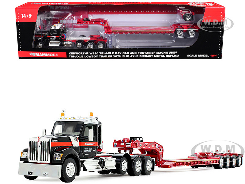 Kenworth W990 Heavy Haul Day Cab and Magnitude Tri Axle Lowboy Trailer with Flip Tail Mammoet Black and Red 1/64 Diecast Model DCP/First Gear 69-1869
