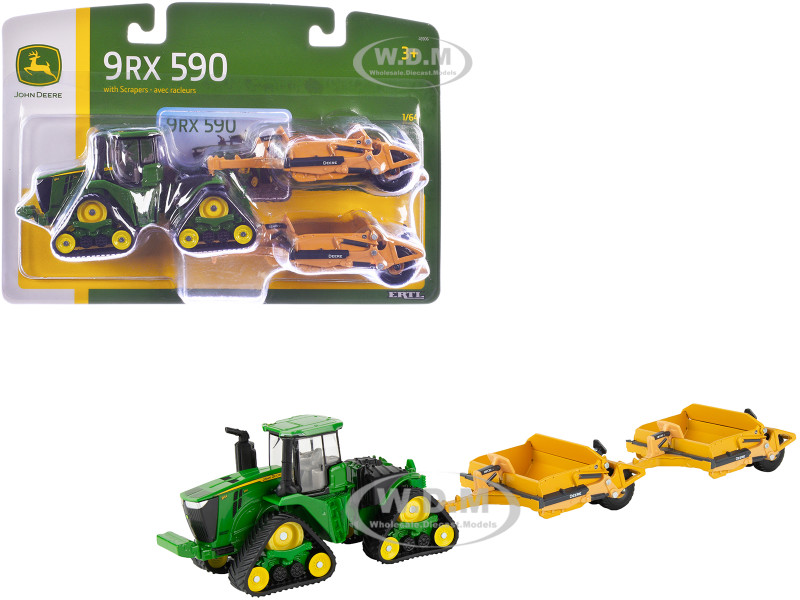 John Deere 9RX 590 Tractor Green Two 1812D C Scrapers Yellow 1/64 Diecast Model ERTL TOMY 45906