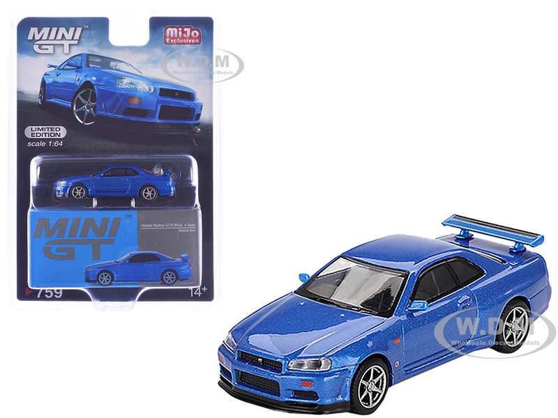 Nissan Skyline GT R R34 V Spec RHD Right Hand Drive Bayside Blue Metallic Limited Edition 1/64 Diecast Model Car Mini GT MGT00759